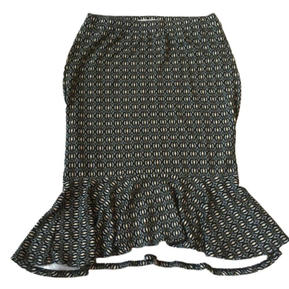 Cato Black White Ruffled Hem Boho Peasant Cottage Stretch Trumpet Skirt XS